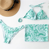 print bikini three-piece swimsuit with cover up skirt