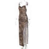Women Spring Fashion Leopard Print Backless Chain Straps Midi Dress