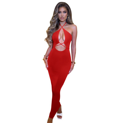 Spring Summer Women's Solid Color Cross Halter Neck Sexy Cutout Bodycon Dress