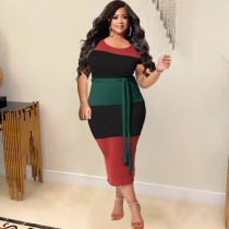 Plus Size Women Ribbed Patchwork Contrast Long Dress