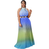 Women Summer Gradient Pleated Sleeveless Maxi Dress