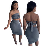 Women Sexy Solid Reversible Top And Dress Two Piece Set