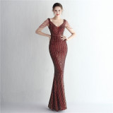 Women Sequined V-Neck Long Evening Dress