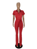 Women's Shirt Collar Breasted Wide Leg Jumpsuit Belted