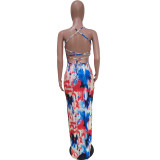 Women's Tie Dye Print Sling Low Back Slit Dress