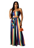 Women's Sexy Multi-Color Striped Waist Lace-Up Two Piece