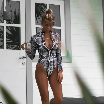 Snake print Swimsuit Women Leopard Print One Piece Bikini Long Sleeve Swimwear