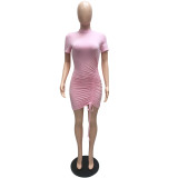 Women's Summer Sexy Pleated Bodycon Short Sleeve Turtleneck Tight Fitting Dress Women