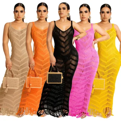 Summer ladies long dress sexy woolen suspenders knitting fringed beach dress