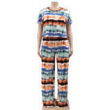 Plus Size Women Tie Dye Striped Top And Pant Casual Two Piece Set