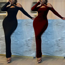 Women Winter Solid Sexy Halter Neck Long Sleeve Slim Long Dress