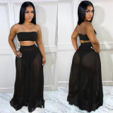 Women's summer sexy tube top solid color mesh see-through skirt suit nightclub two piece set