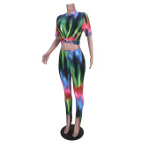 Women Gradient Abstract Print Slim Fit T-Shirt And Foot Pants Two-Piece Set