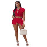 Women Casual Button Lapel Sleeveless Solid Top And Shorts Two Piece Set