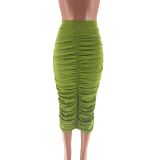 Women's Solid Color Pleated Sexy Slim Zipper Midi Skirt