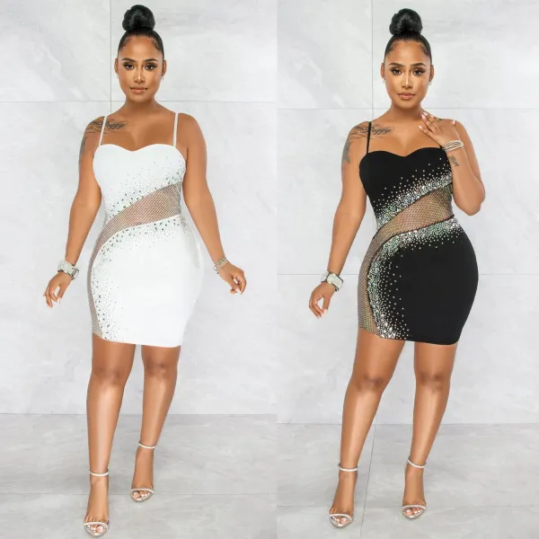 Womens Sexy Mesh Beaded Strap Dress