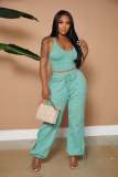 Solid color sexy deep V vest,trousers slit and lace wide leg two-piece suit