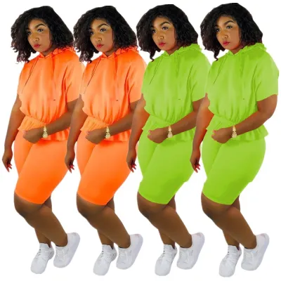Summer fashion elastic waist hooded solid color sports women's two-piece suit