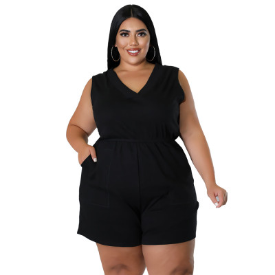 Plus Size Women V Neck Solid Sleeveless With Pockets Jumpsuit