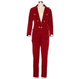 Spring Women Solid Long Sleeve Blazer + Pant Two-Piece Set
