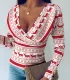 printed elk long sleeve v-neck top