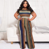 plus size fashion striped print fashion casual two piece plus size suit