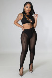 Women Sexy Sleeveless Hollow Out See Through Top And Pant Two Piece Set