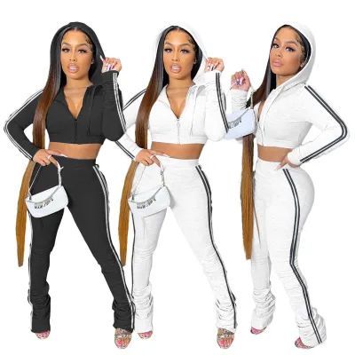 Women's Long Sleeve Crop Hooded Sweatsuit Casual Sports Two Piece Pants Set
