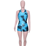 Summer new tie-dye ink jacquard sleeveless bubble yoga shorts sports suit women