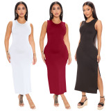 Women sleeveless Solid sexy Round Neck Fashion slit long dress