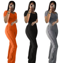 Women's Sexy Short Sleeve Flared Pants Solid Color Two Piece Set