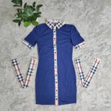 Women's Summer Solid Turndown Collar Casual Plaid Short Sleeve Shirt Dress