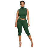 Solid color tank top turtleneck zip,cropped pants sport casual two-piece