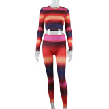 Fashion Casual Sport Rainbow Print Contrast Round Neck Long Sleeve Crop Tight Fitting Butt Lift Pant Set Women