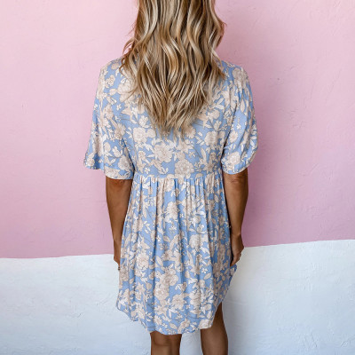 Summer Women's Printed V-Neck Short Sleeve Loose Casual Dress
