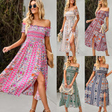 Women's Dress Summer Off Shoulder Bohemian Floral Split Casual Loose Dress