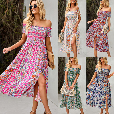 Women's Dress Summer Off Shoulder Bohemian Floral Split Casual Loose Dress