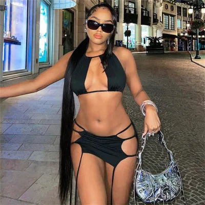 Summer Women's Lace-Up Crop Vest Sexy Cutout Skirt Casual Women Two Piece Set