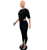 Solid Color Hooded Short Sleeve Slim Cropped Pants Sweatshirt Set