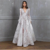 Women Long Sleeve Sequin Embroidery Lace Embroidered Wedding Evening Dress Formal Party dress