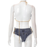 Summer Chain Halter Neck Crop Top And Sexy Denim Shorts Casual Two-Piece Set