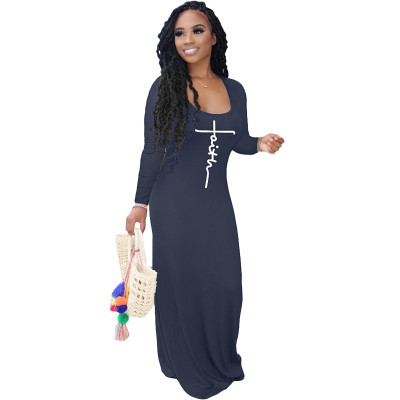 Women's Fashion Print Solid Color Long Sleeve Maxi Dress