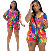 Women Print Top And Shorts Casual Two Piece Set