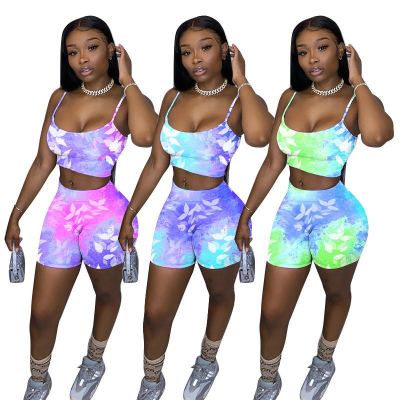 Summer Women Strapss Tie-Dye Printed Tops And Shorts Casual Two-Piece Set