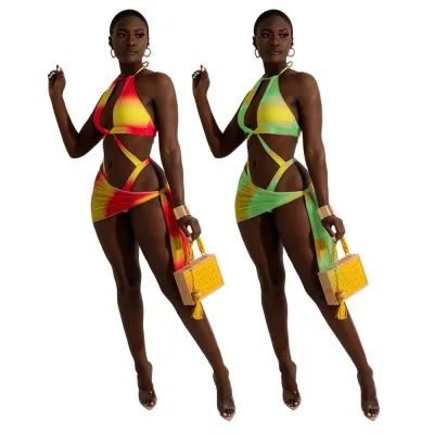 Fashion Sexy Halter Neck Hollow Out Lace-Up Backless Printing See-Through Two Piece Set