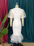 Mesh beaded Patchwork puff sleeve Ruffled Mermaid dress white bridesmaid dress female dress