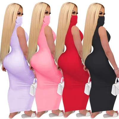 Women's Spring Summer Print Sleeveless One Piece Mask Dress Nightclub Long Dress
