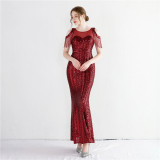 Women Symphony Sequin Strapless Short Sleeve Sequin Long Fishtail Evening Dress