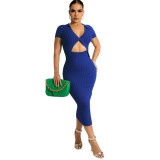 Spring Summer Women's Maxi Knitting Dress Turndown Collar Short Sleeve Tight Fitting Bodycon