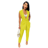 Women's Casual Solid Color Slit Suit Sleeveless Two Piece Pants Set (with Belt)